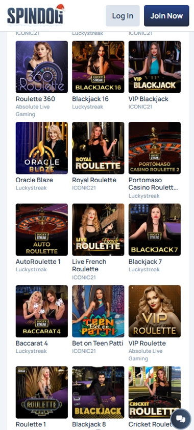 SpinDog Casino mobile live games screenshot displaying live dealer tables including blackjack, roulette, and baccarat – Tested SpinDog Casino mobile live games screenshot displaying live dealer tables including blackjack, roulette, and baccarat – Tested