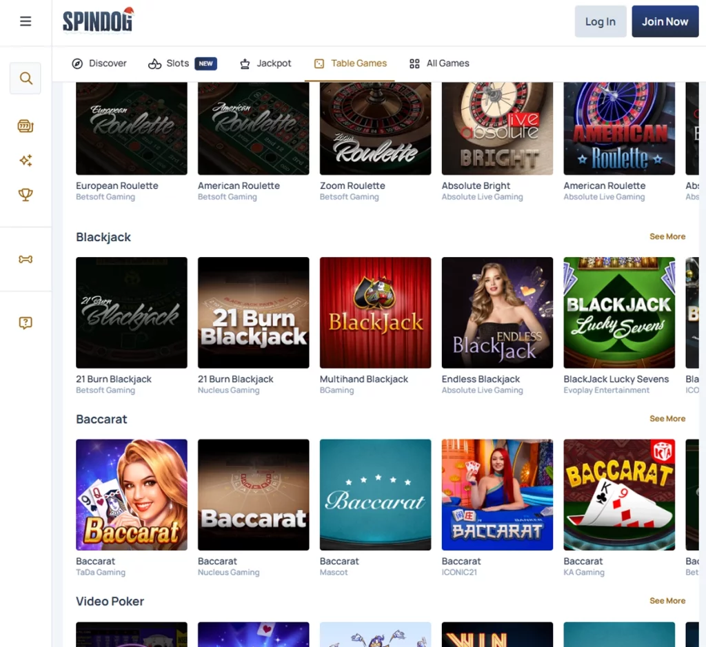 SpinDog Casino desktop table games screenshot displaying blackjack, roulette, and baccarat options – tested SpinDog Casino desktop table games screenshot displaying blackjack, roulette, and baccarat options – tested