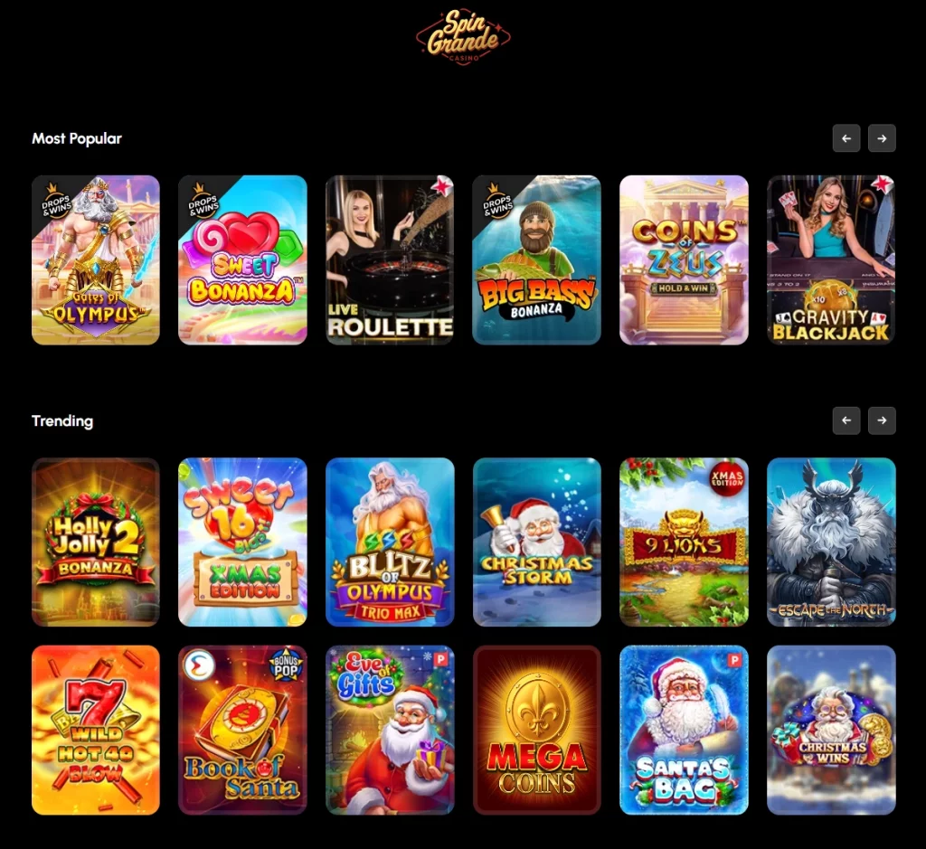 SpinGrande Casino desktop homepage screenshot showing game lobby, navigation menu, and featured content – tested SpinGrande Casino desktop homepage screenshot showing game lobby, navigation menu, and featured content – tested