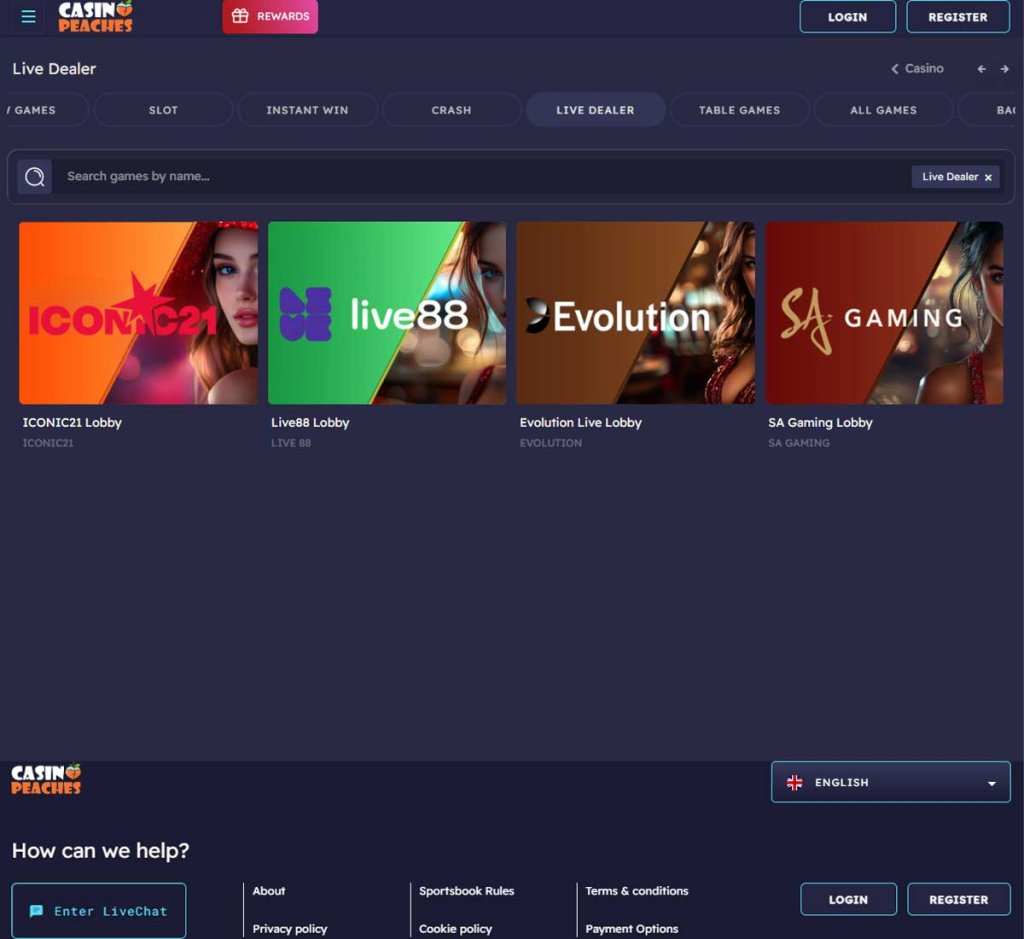 Casino Peaches desktop live casino screenshot showing real-dealer games including roulette, blackjack and baccarat with lobby navigation - tested