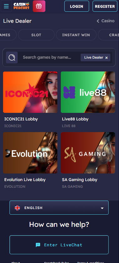 Casino Peaches mobile live casino screenshot displaying real-dealer tables including roulette, blackjack and baccarat with compact lobby layout - tested