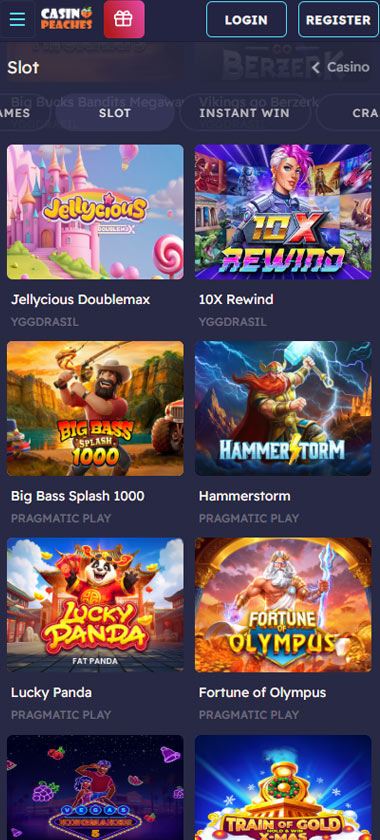 Casino Peaches mobile slots screenshot showing slots lobby with featured games, categories and touch-optimized navigation - tested