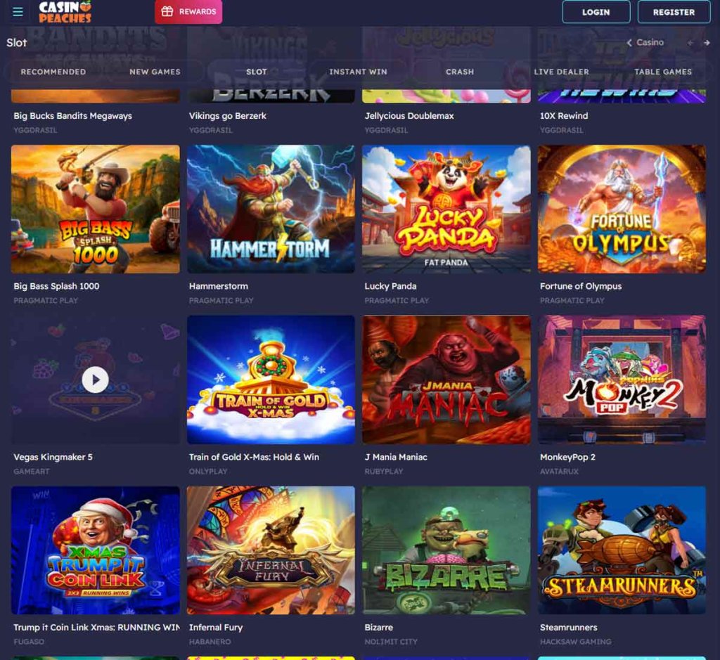 Casino Peaches desktop slots screenshot showing slots library with featured titles, game categories and provider filters - tested