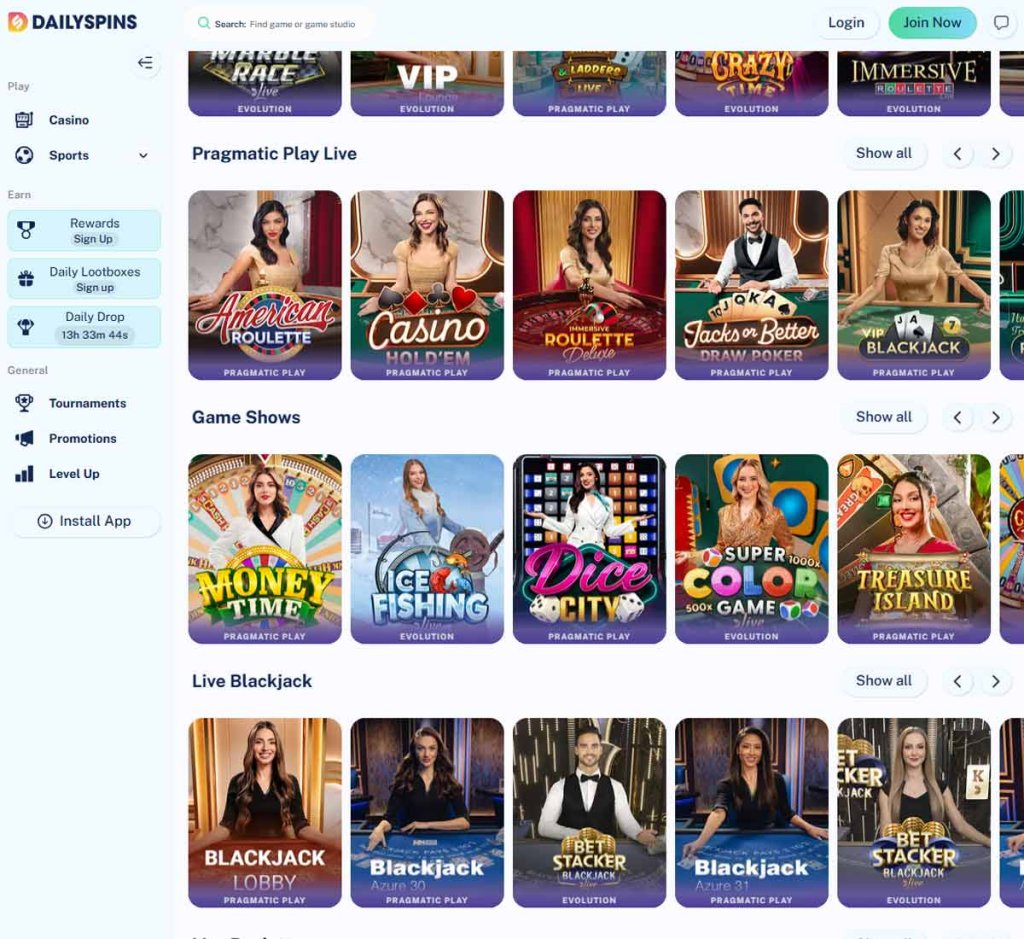 Daily Spins Casino desktop live casino screenshot showing real-dealer tables including roulette, blackjack and baccarat with lobby navigation - tested