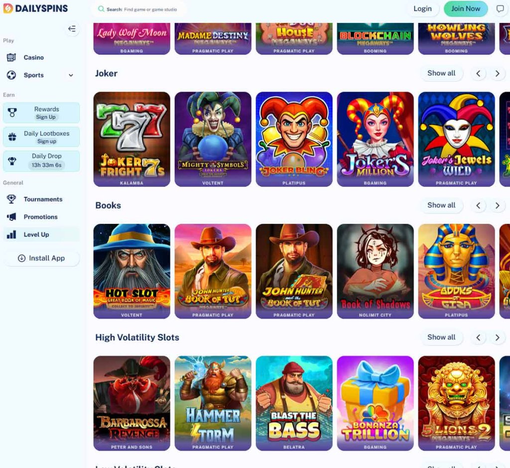 Daily Spins Casino desktop slots screenshot showing slot game categories, featured titles and filtering options - tested
