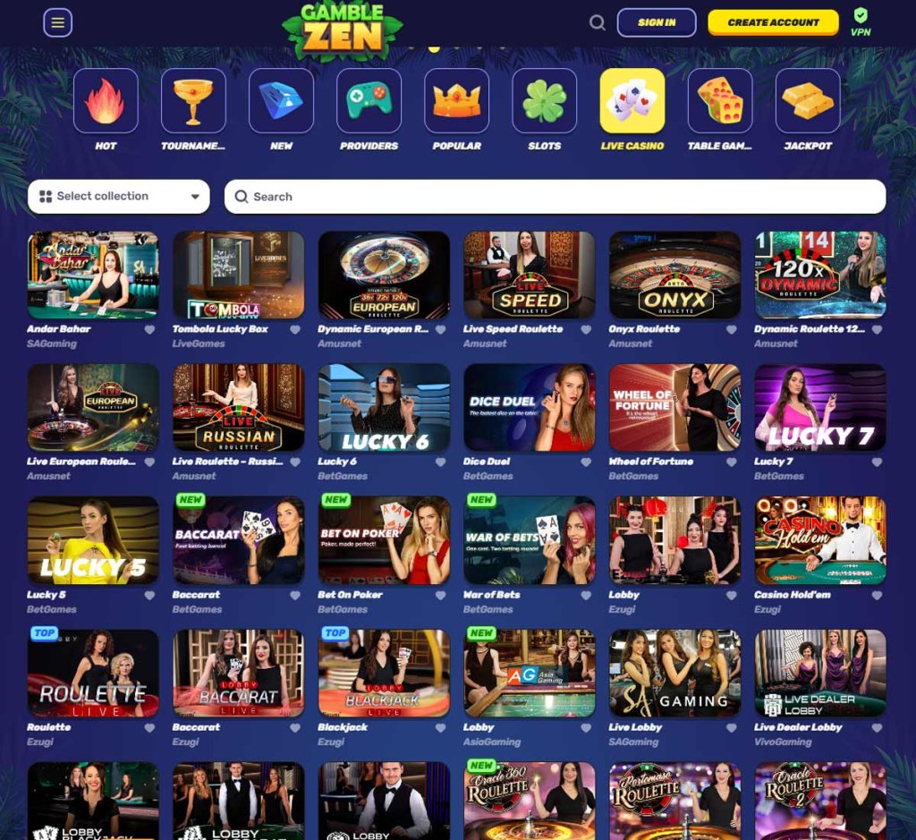 Gamblezen Casino desktop live casino screenshot showing real-dealer tables including roulette, blackjack and baccarat with lobby navigation - tested