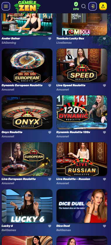 Gamblezen Casino mobile live casino screenshot showing real-dealer tables including roulette, blackjack and baccarat on smartphone interface - tested