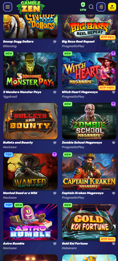 Gamblezen Casino mobile slots screenshot showing slot game categories, featured titles and navigation on smartphone interface - tested