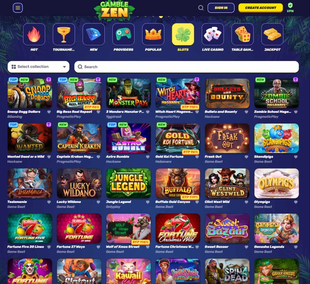Gamblezen Casino desktop slots screenshot showing slot game categories, featured titles and filtering options - tested
