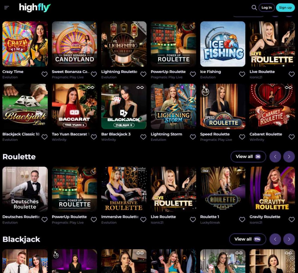 Highflybet Casino desktop live casino screenshot showing real-dealer tables including roulette, blackjack and baccarat with lobby navigation - tested