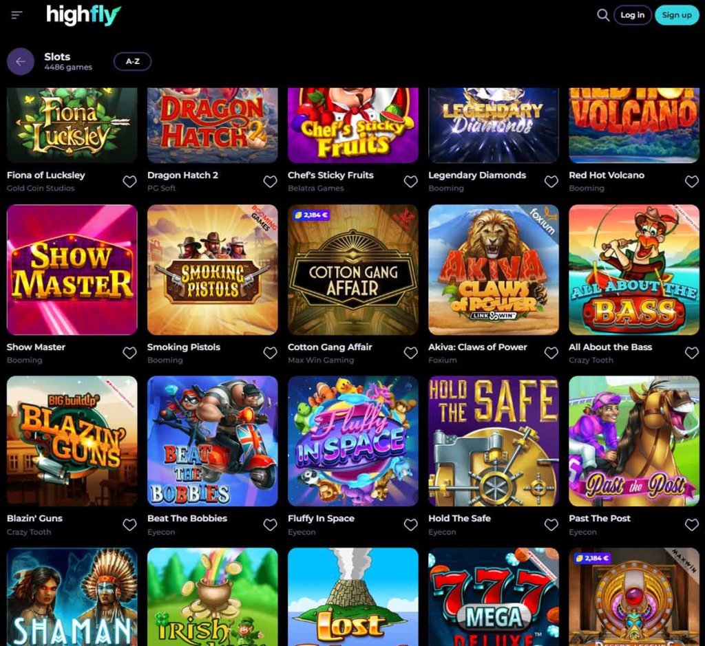 Highflybet Casino desktop slots screenshot showing slot game categories, featured titles and filtering options - tested