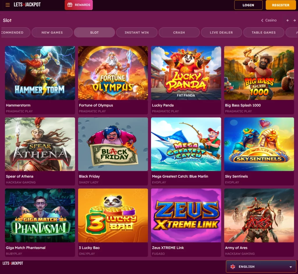LetsJackpot desktop slots screenshot showing slots library with featured titles, game categories and provider filters - tested