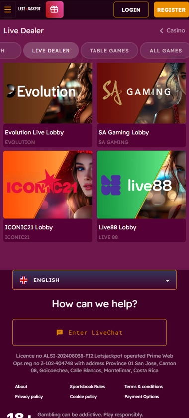 LetsJackpot mobile live casino screenshot displaying real-dealer tables including roulette, blackjack and baccarat with compact lobby layout - tested