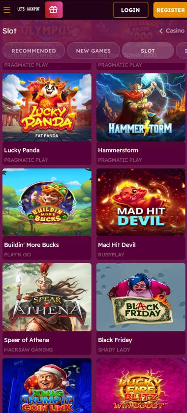 LetsJackpot mobile slots screenshot showing slots lobby with featured games, categories and touch-optimized navigation - tested
