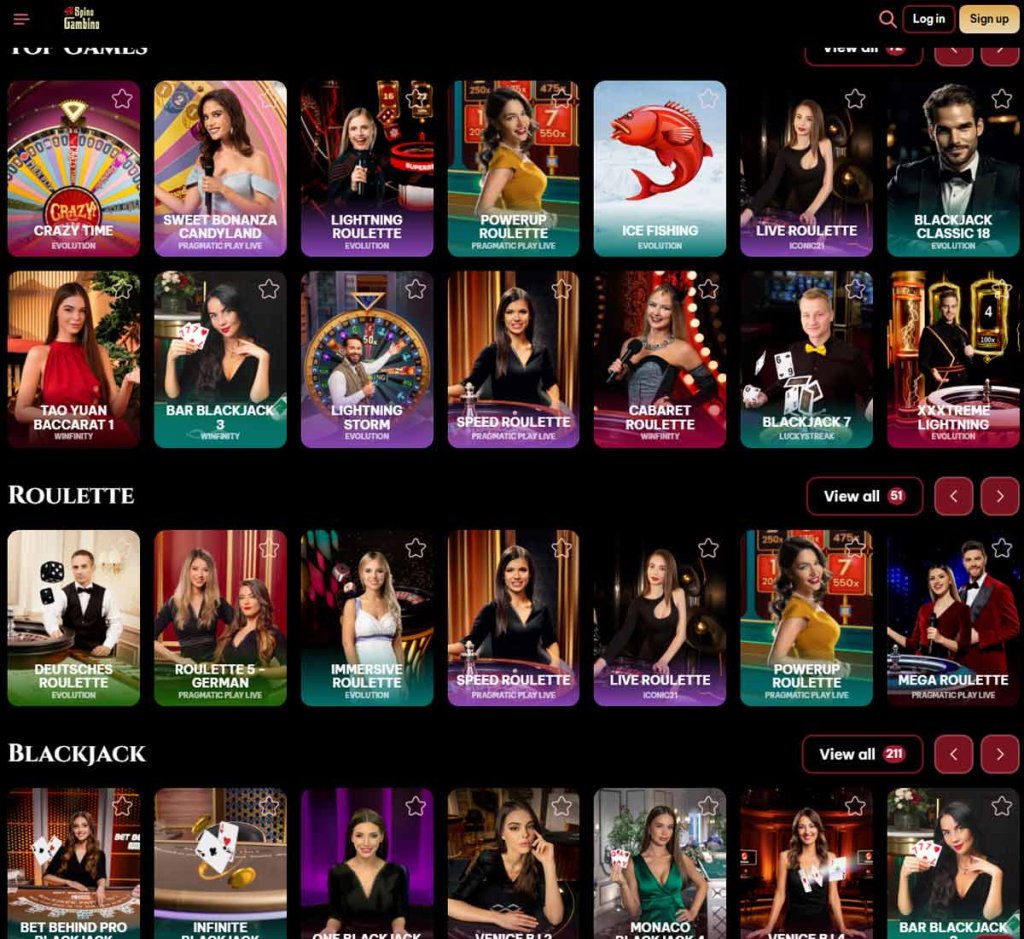 Spinogambino Casino desktop live casino screenshot showing real-dealer tables including roulette, blackjack and baccarat with lobby navigation - tested