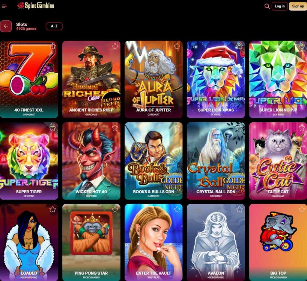 Spinogambino Casino desktop slots screenshot showing slot game categories, featured titles and filtering options - tested