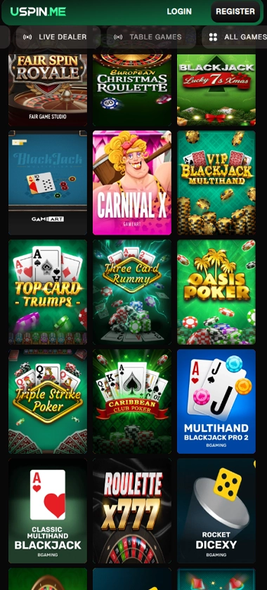Uspin.me mobile table games screenshot displaying classic table games including blackjack, roulette and baccarat on mobile - tested Uspin.me mobile table games screenshot displaying classic table games including blackjack, roulette and baccarat on mobile - tested