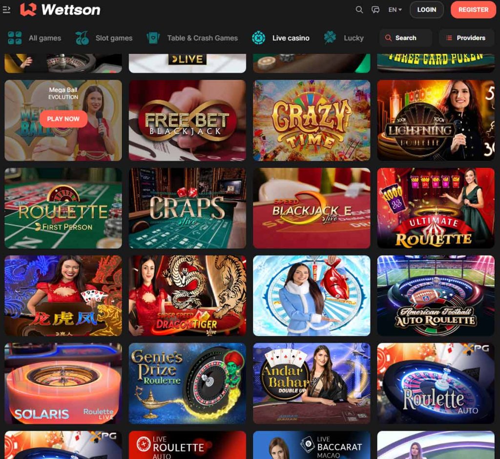 Wettson Casino desktop live casino screenshot showing real-dealer tables including roulette, blackjack and baccarat with lobby navigation - tested