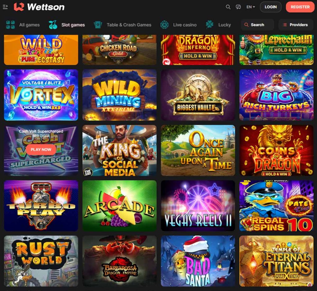 Wettson Casino desktop slots screenshot showing slot game categories, featured titles and filtering options - tested