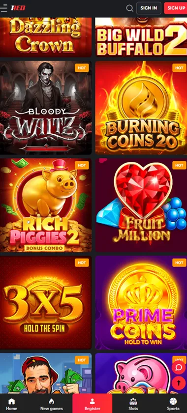 1Red Casino mobile slots screenshot showing slot game thumbnails, categories and mobile navigation layout - tested