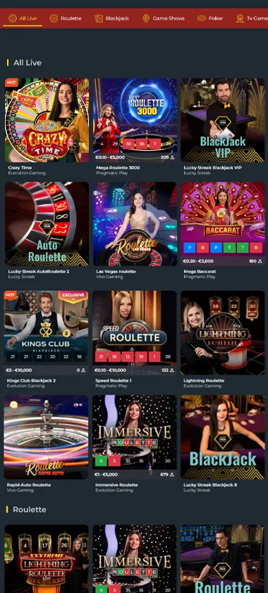 777Vault Casino mobile live casino screenshot showing real-dealer tables including roulette and blackjack with compact lobby layout - tested