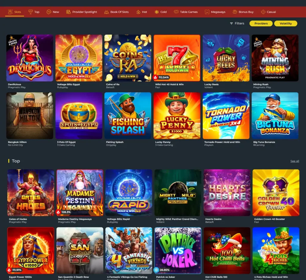 777Vault Casino desktop slots screenshot showing slots variety with featured games, categories and filtering options - tested