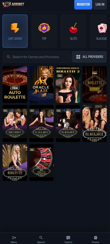 Aerobet Casino mobile live casino screenshot showing real-dealer tables including roulette and blackjack with compact lobby layout - tested Aerobet Casino mobile live casino screenshot showing real-dealer tables including roulette and blackjack with compact lobby layout - tested