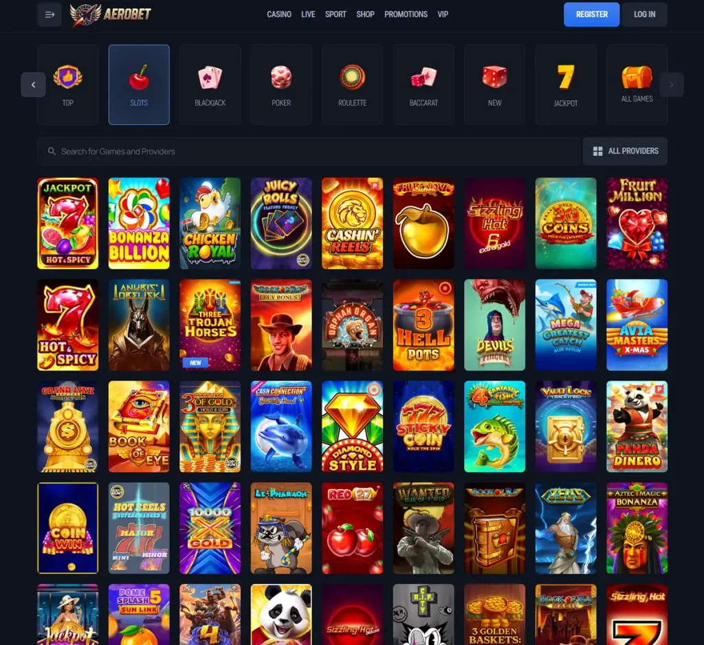 Aerobet Casino desktop slots screenshot showing slots variety with featured games, categories and filtering options - tested Aerobet Casino desktop slots screenshot showing slots variety with featured games, categories and filtering options - tested