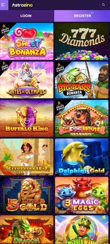 Astrozino Casino mobile slots screenshot showing slot game thumbnails, categories and mobile navigation layout - tested