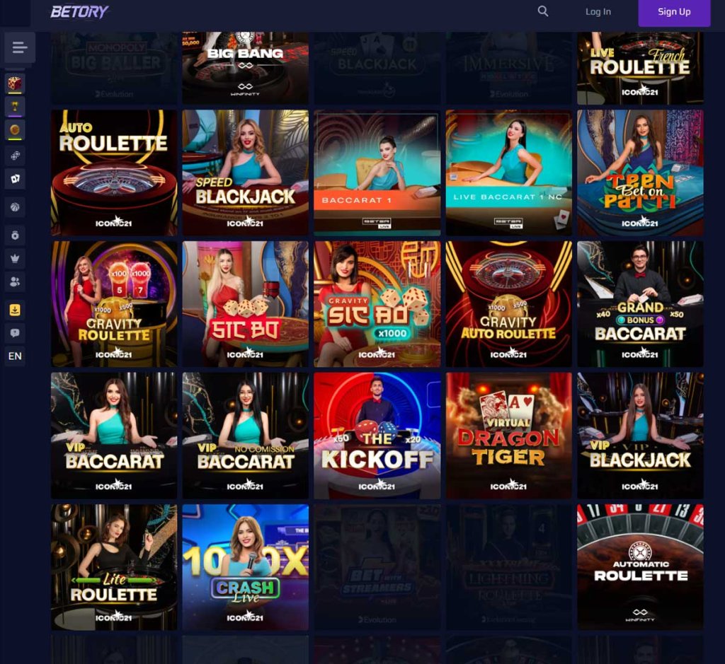 Betory Casino desktop live casino screenshot showing real-dealer tables including roulette, blackjack and baccarat with lobby navigation - tested Betory Casino desktop live casino screenshot showing real-dealer tables including roulette, blackjack and baccarat with lobby navigation - tested