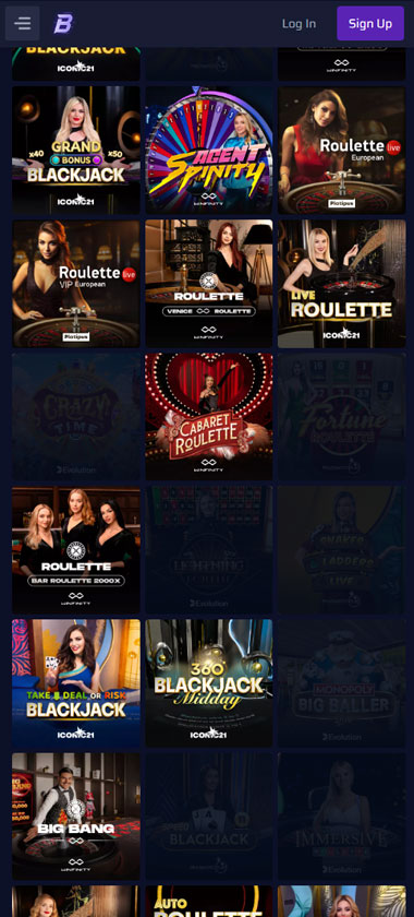 Betory Casino mobile live casino screenshot showing real-dealer tables including roulette, blackjack and baccarat on smartphone interface - tested
