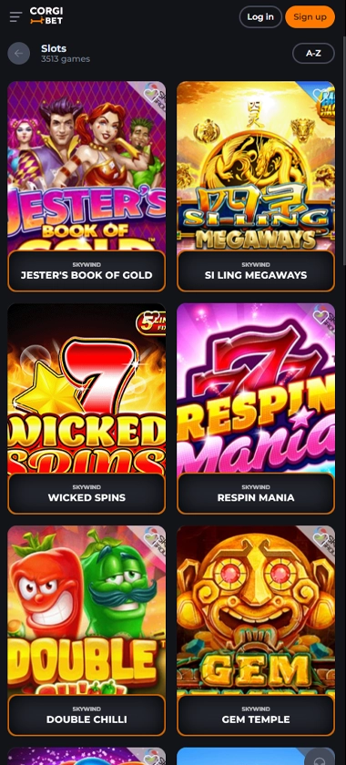 CorgiBet Casino mobile slots screenshot showing slot game categories, featured titles and navigation on smartphone interface - tested