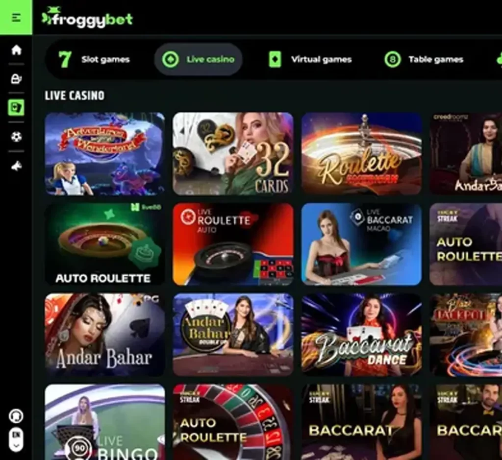 FroggyBet Casino desktop live casino screenshot displaying real-dealer tables including roulette, blackjack and baccarat with lobby navigation - tested