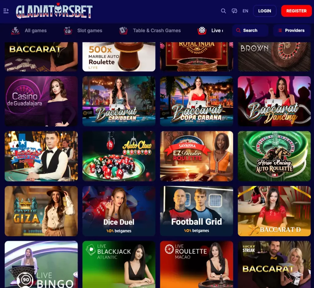 Gladiatorsbet Casino desktop live casino screenshot displaying real-dealer tables including roulette, blackjack and baccarat with lobby navigation - tested