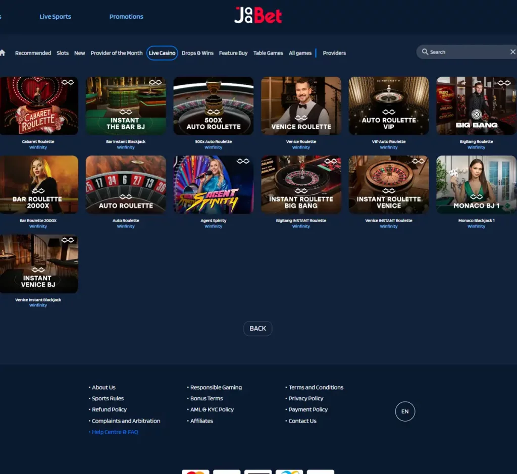 Jaabet Casino desktop live casino screenshot displaying real-dealer tables including roulette, blackjack and baccarat with lobby navigation - tested Jaabet Casino desktop live casino screenshot displaying real-dealer tables including roulette, blackjack and baccarat with lobby navigation - tested