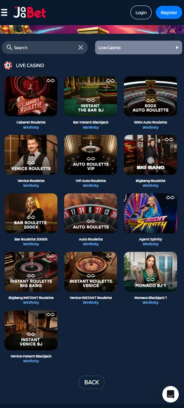 Jaabet Casino mobile live casino screenshot showing real-dealer tables including roulette and blackjack with compact lobby layout - tested