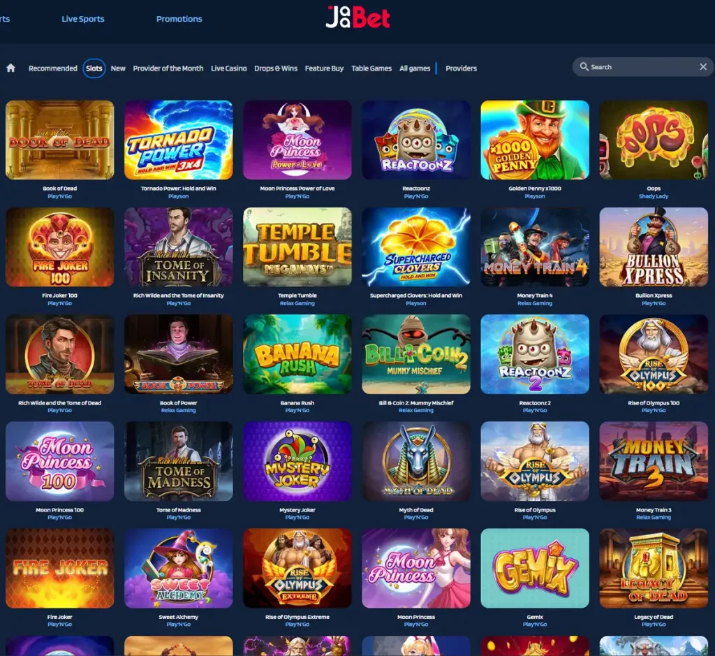 Jaabet Casino desktop slots screenshot showing slots variety with featured games, categories and filtering options - tested Jaabet Casino desktop slots screenshot showing slots variety with featured games, categories and filtering options - tested
