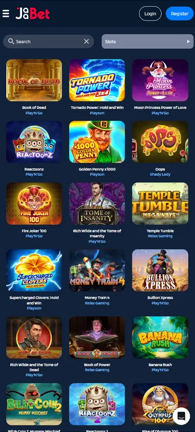 Jaabet Casino mobile slots screenshot showing slot game thumbnails, categories and mobile navigation layout - tested
