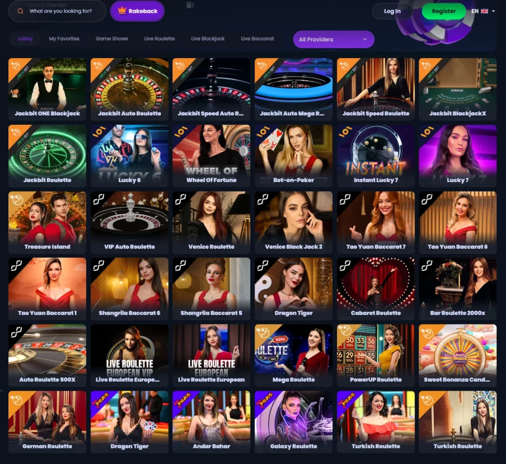 Jackbit Casino desktop live casino screenshot showing real-dealer tables including roulette, blackjack and baccarat with lobby navigation - tested
