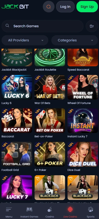 Jackbit Casino mobile live casino screenshot showing real-dealer tables including roulette, blackjack and baccarat on smartphone interface - tested