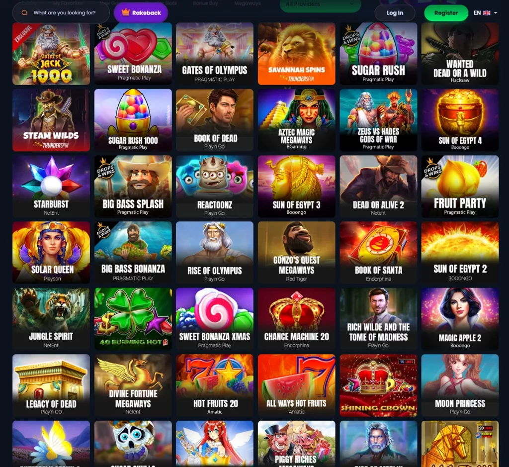 Jackbit Casino desktop slots screenshot showing slot game categories, featured titles and filtering options - tested