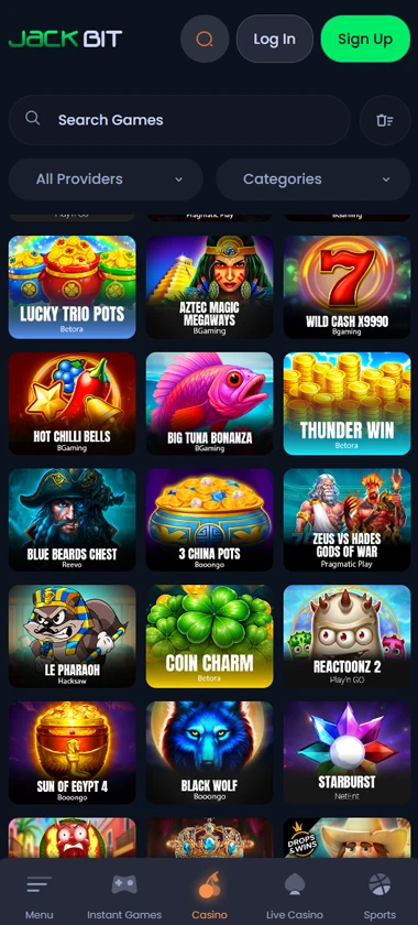 Jackbit Casino mobile slots screenshot showing slot game categories, featured titles and navigation on smartphone interface - tested