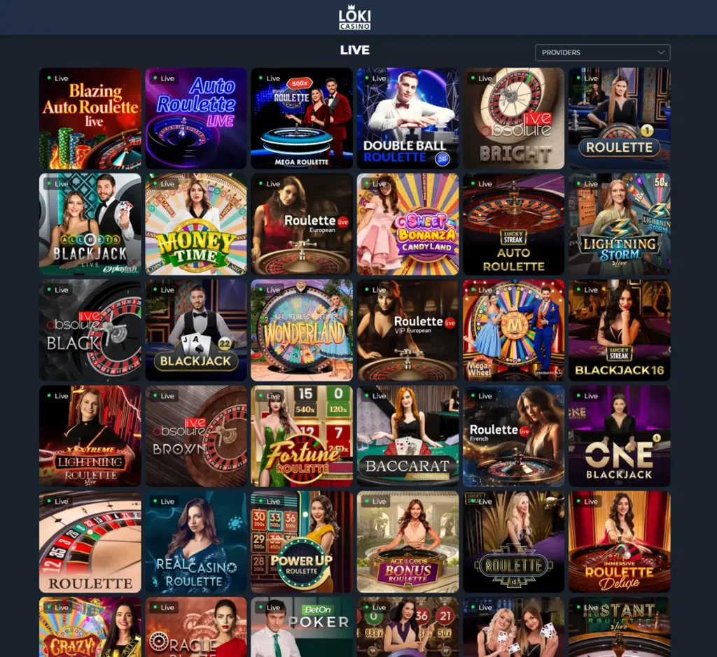 Loki Casino desktop live casino screenshot displaying real-dealer tables including roulette, blackjack and baccarat with lobby navigation - tested