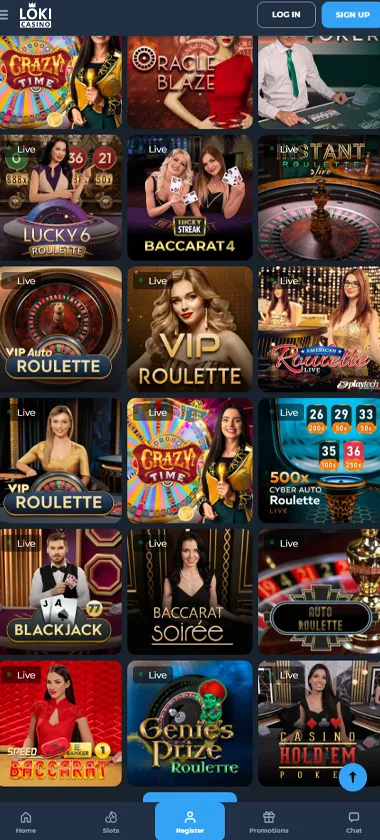 Loki Casino mobile live casino screenshot showing real-dealer tables including roulette and blackjack with compact lobby layout - tested