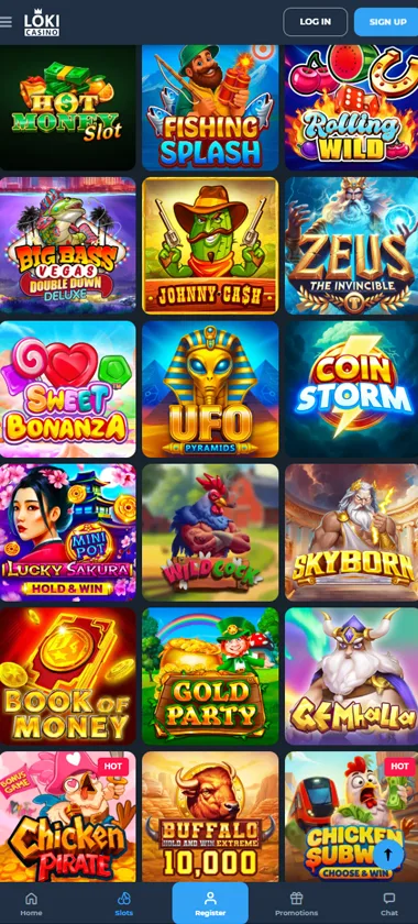 Loki Casino mobile slots screenshot showing slot game thumbnails, categories and mobile navigation layout - tested
