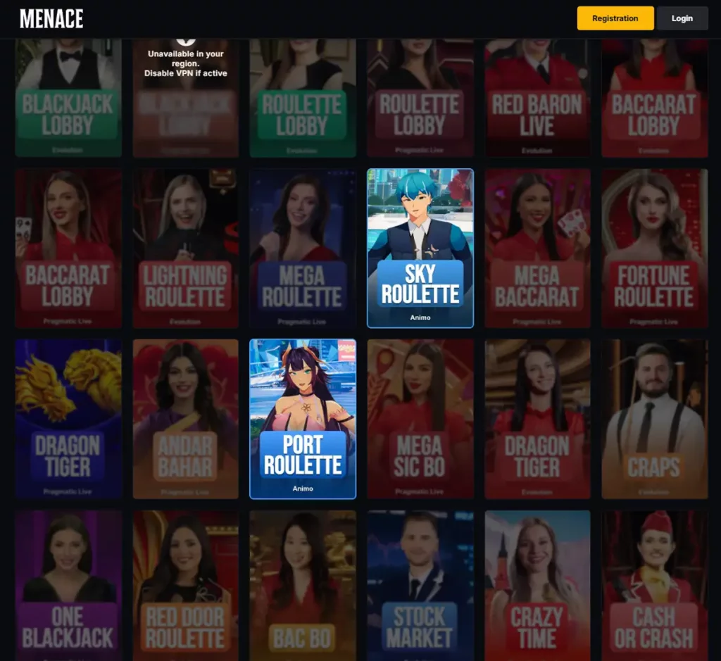 Menace Casino desktop live casino screenshot displaying real-dealer tables including roulette, blackjack and baccarat with lobby navigation - tested