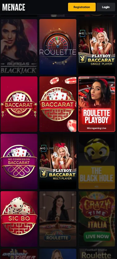 Menace Casino mobile live casino screenshot showing real-dealer tables including roulette and blackjack with compact lobby layout - tested
