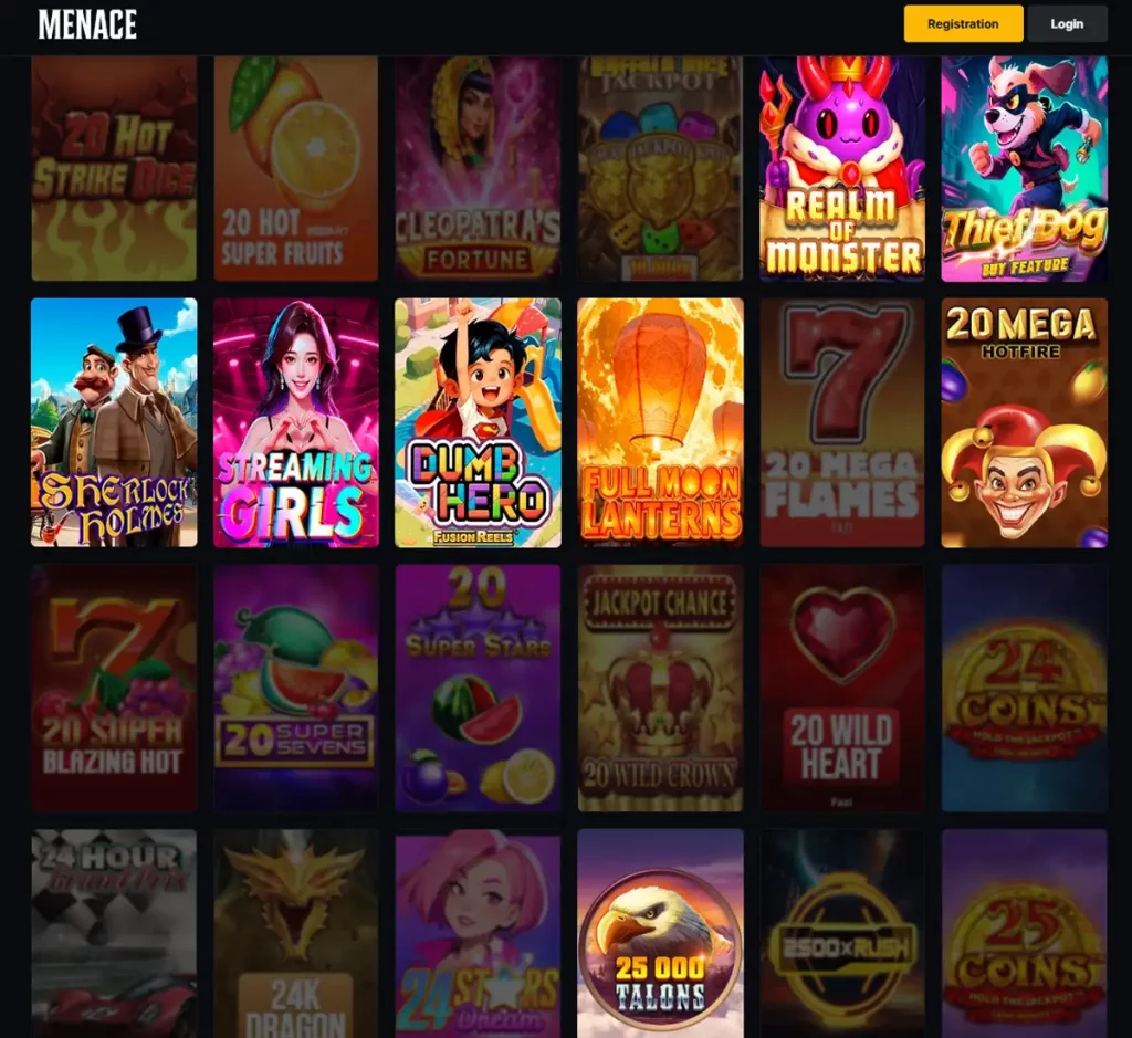 Menace Casino desktop slots screenshot showing slots variety with featured games, categories and filtering options - tested