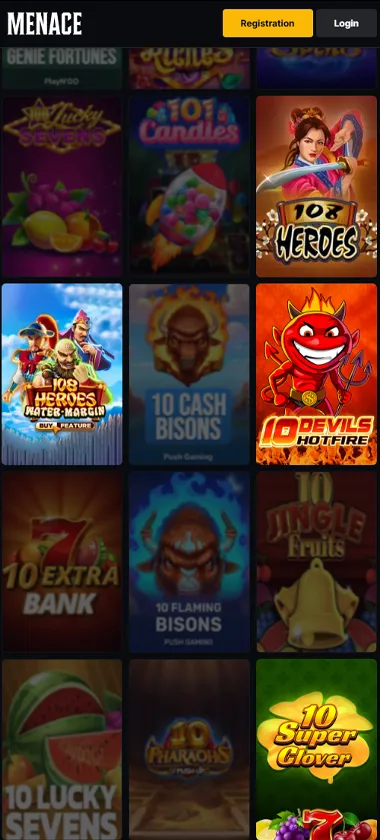 Menace Casino mobile slots screenshot showing slot game thumbnails, categories and mobile navigation layout - tested