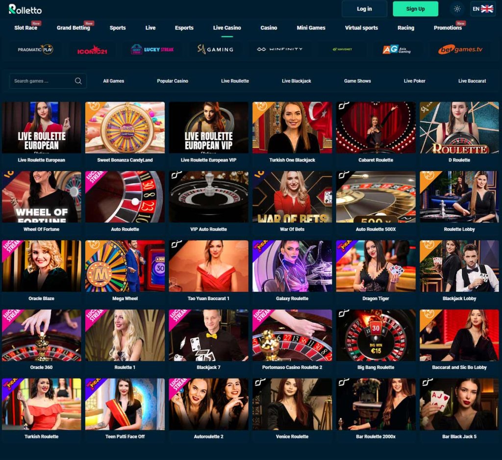 Rolletto Casino desktop live casino screenshot showing real-dealer tables including roulette, blackjack and baccarat with lobby navigation - tested